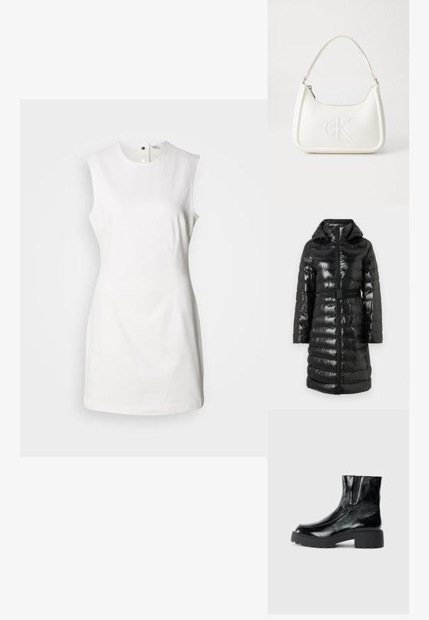 Svart puffer-jakke med glansfull overflate, som har hette, belte i midjen, glidelås-lukking og horisontalt quiltet mønster. Merkevaren sin logo finnes på beltet.; Hvit sleeveless kjole med rund hals, med knappelukking foran, slim fit, og glatt bomullsstoff.; Svarte ankelstøvler med en blank lakkfinish, kraftig svart gummisåle og hevet hæl; inkluderer subtile logo-detaljer på siden.; Hvit lærveske med en buet fasong, med et preget "CK"-logo på forsiden og en enkel skulderstropp. Glidelåslukking på toppen.