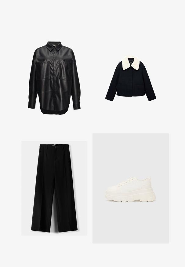 Black wool jacket with large white faux fur collar and two front patch pockets, long sleeves, and front button closure.; Black leather button-up shirt with a spread collar, two large front pockets, and a relaxed fit. Smooth texture and slightly curved hem.; Black wide-leg trousers made of lightweight fabric, featuring a front button closure and flat front, with neatly stitched hems.; White canvas sneaker with a chunky sole, rounded toe, and five eyelets for laces. Back tab for easy wear. Smooth texture, minimalist design.