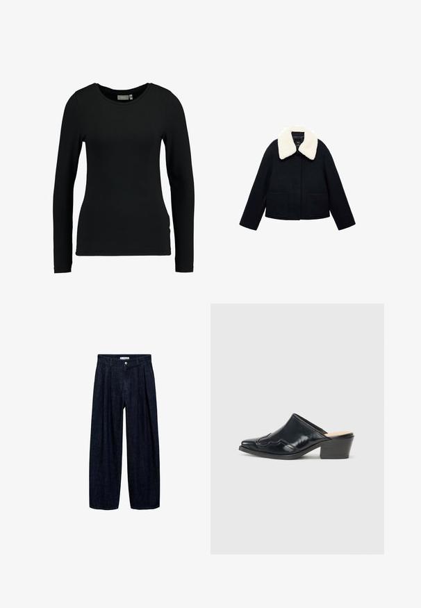 Černý vlněný sako s velkým bílým kožíškem na límci, dvěma předními kapsami, dlouhými rukávy a předním zapínáním na knoflíky.; Černá košile s dlouhým rukávem vyrobená z měkké látky s podílem bavlny. Má kulatý výstřih a těsný střih s hladkým povrchem. Bez vzorů nebo akcentů.; Tmavě modré rozšířené kalhoty z denimu s přehyby v pase, vybavené předním knoflíkem a poutky na opasek. Hladká textura a design v plné délce.; Černé lakované muly s špičatou špičkou, zakřiveným designem a nízkým blokovým podpatkem, který má dekorativní prošívání na svršku.