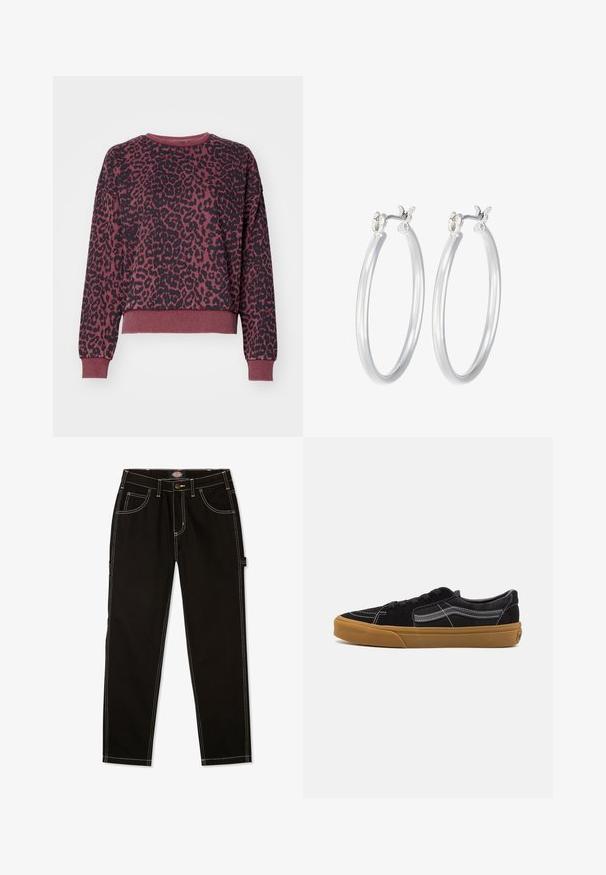 Blue corduroy bomber jacket with a navy ribbed collar and cuffs, featuring a front zip closure and side pockets.; ONLY ONLVOICE O NECK - Sweatshirt - burgundy; Black denim pants with contrast white stitching, five pockets, and a tab on the side. Standard fit, straight leg design.; Black suede sneakers with white stitching and signature side stripe, featuring a tan rubber sole and low-top design. Laced with black shoelaces.; Silver hoop earrings with a smooth, polished finish. Round shape and secure click-top closure. Lightweight design suitable for everyday wear.