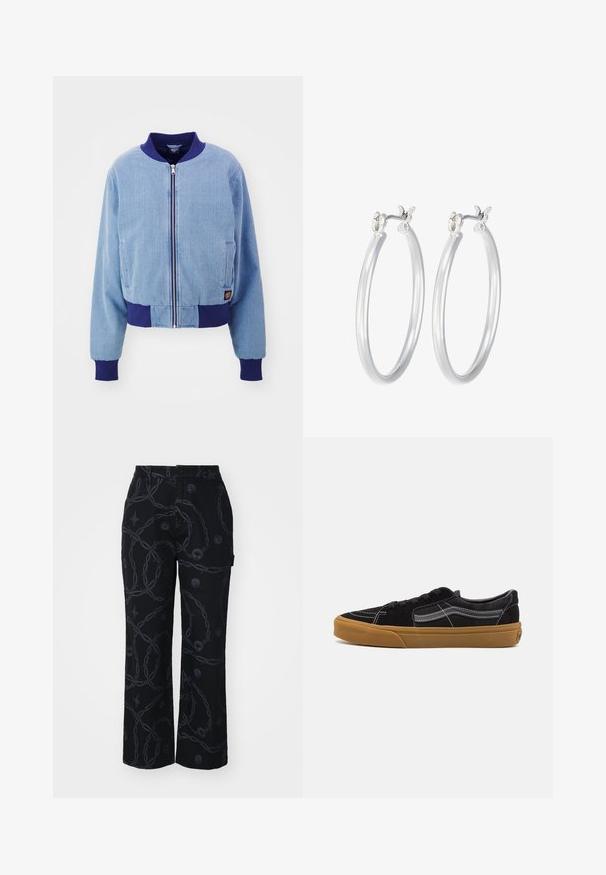 Niebieska bomberka z kordurowego materiału, z granatowym ściągaczem przy kołnierzu i mankietach, z zamkiem błyskawicznym z przodu oraz bocznymi kieszeniami.; Biała, prążkowana bluzka z długim rękawem i okrągłym dekoltem. Wykonana z elastycznej tkaniny, która dobrze przylega do ciała. Posiada subtelne poziome pasy.; Czarne spodnie w stylu wide-leg, wykonane z materiału z ciemnym wzorem łańcucha i okrągłymi emblematami. Zapięcie na guzik i kieszenie boczne.; Czarne zamszowe sneakersy z białym przeszyciem i charakterystycznym bocznym paskiem, charakteryzujące się brązową gumową podeszwą i niskim fasonem. Sznurowane czarnymi sznurowadłami.; Srebrne kolczyki w formie kółek o gładkim, polerowanym wykończeniu. O okrągłym kształcie i pewnym zapięciu na klik. Lekka konstrukcja odpowiednia do codziennego noszenia.