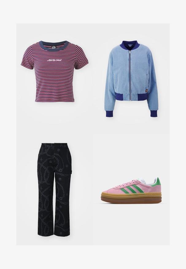 Mėlynas kordūrojinio audinio bomberis su tamsiai mėlynu raštuotu apykakle ir rankogaliais, turintis priekinį užtrauktuką ir šonines kišenes.; Dryžuotas trumpomis rankovėmis marškinėliai tamsiai mėlynos, raudonos ir rožinės spalvų. Yra vientisos tamsiai mėlynos spalvos apykaklė ir siuvinėtas "SANTA CRUZ" logotipas priekyje.; Juodos plačios kojos kelnės, pagamintos iš audinio su tamsiu grandinės raštu ir apvalių emblemų akcentais. Su mygtukų užtrauktuku ir šoninėmis kišenėmis.; Rožinės zomšinės sportbačiai su žaliomis juostelėmis, baltais akcentais ir ruda guma. Yra tekstūruota medžiaga ir logo detalės ant šono.