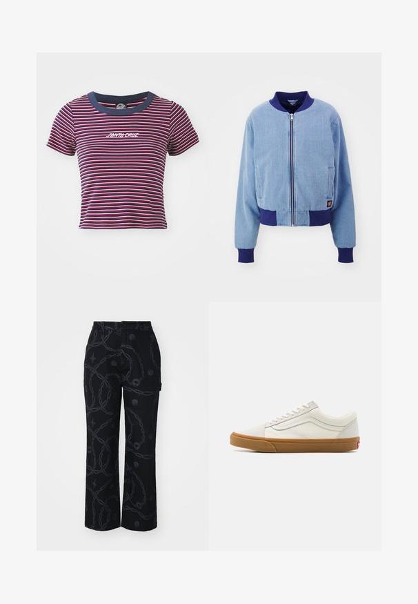 Kék kordbársony bomberdzseki tengerészkék bordás gallérral és mandzsettákkal, elülső cipzárral és oldalsó zsebekkel.; Csíkos, rövidujjú póló tengerészkék, piros és rózsaszín színekben. Egyszínű tengerészkék nyakkivágással rendelkezik, valamint hímzett "SANTA CRUZ" logó található az elején.; Fekete, bő szárú nadrág sötét láncmintás anyagból, kerek emblémával díszítve. Gombos záródás és oldalsó zsebek találhatók rajta.; Fehér vászon, alacsony szárú sportcipők, gumírozott talppal, kerek orral, fűzős záródással és oldalsó bőrcsíkos részletekkel.