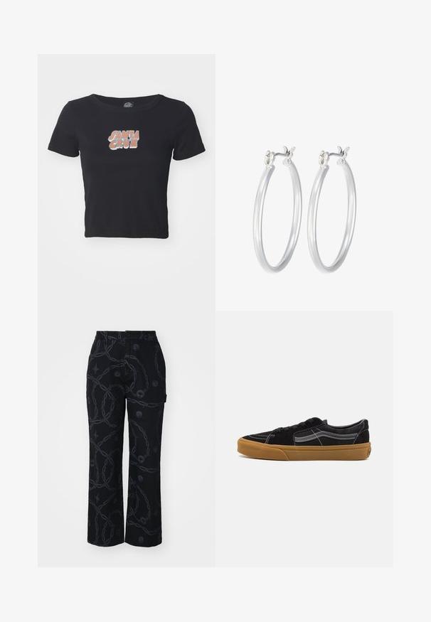 Sinine lõuendist bomber-jakk, millel on tumesinine ribakrae ja varrukaotsad, esiosal on lukuga kinnitamine ja küljetaskud.; Mustmustärkne must T-särkk, mis on valmistatud puuvillast ja mille esiküljel on värviline "SANTA CRUZ" graafika. Lühikesed varrukad ja ümar kaelus.; Mustad laiad püksid, mis on valmistatud kangast, millel on tume kettmustri ja ümmarguste embleemide aktsendid. Nööp sulgemine ja küljetaskud on kaasatud.; Mustad sametist sneakerid valgete õmbluste ja allkirja küljeribaga, tan värvi kummitald ja madal disain. Mustade paeltega seotud.; Hõbedased rõngaskõrvarõngad, millel on sile, läikiv viimistlus. Ümmargune kuju ja turvaline klõpsulatus. Kerge disain, sobib igapäevaseks kandmiseks.