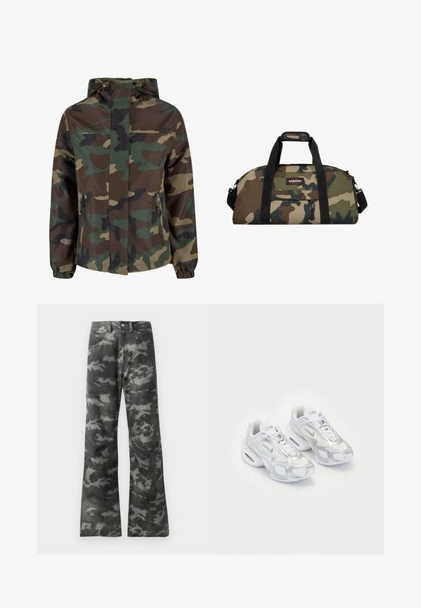 Veste camouflage avec capuche, présentant des nuances de vert, marron et noir. Comprend des poches avant zippées et des poignets élastiques.; Deux débardeurs sans manches : un blanc en texture côtelée et un gris clair avec un motif chiné subtil. Les deux ont un col rond.; Jean droit en denim noir et gris foncé à motif camouflage, avec fermeture à bouton et zip et poches avant.; Baskets de sport blanches avec une tige en mesh et des accents argentés, une forme unique et un amorti d'air au niveau du talon. Design à lacets avec logo.; Sac de sport en camouflage avec un tissu synthétique, des sangles noires, une poignée supérieure et une poche zippée à l'avant ; présente des motifs verts, marron et beiges.; Collier en argent avec un pendentif texturé présentant un globe et une croix, posé sur un fond en tissu tricoté noir. La chaîne est délicate et ronde.