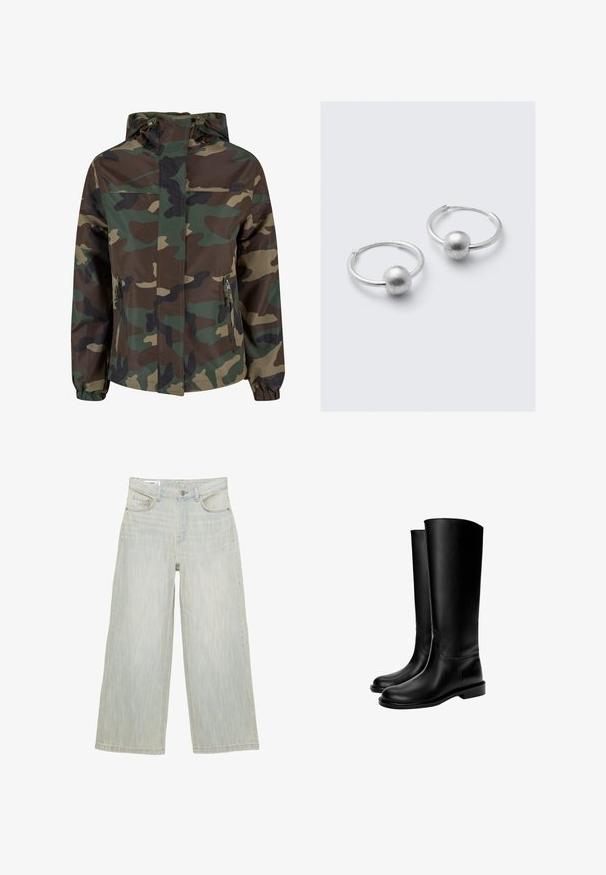 Maskovací bunda s kapucí, v odstínech zelené, hnědé a černé. Obsahuje zipové přední kapsy a elastické manžety.; Černobílý pruhovaný top s dlouhým rukávem, vyrobený z měkké tkaniny, s lodičkovým výstřihem a bočními rozparky pro snadný pohyb.; Svetle modré široké džíny s vysokým pasem, předním knoflíkem, zipovým zapínáním, poutky na opasek a pěti kapsami.; Černé kožené boty po kolena s hladkým povrchem, kulatou špičkou, plochou podrážkou a minimalistickým designem, s prošívanými švy a bez viditelného kování.; Stříbrné kruhové náušnice s hladkým, kulovitým akcentem. Povrch je matný a lesklý, což vytváří elegantní, minimalistický design.