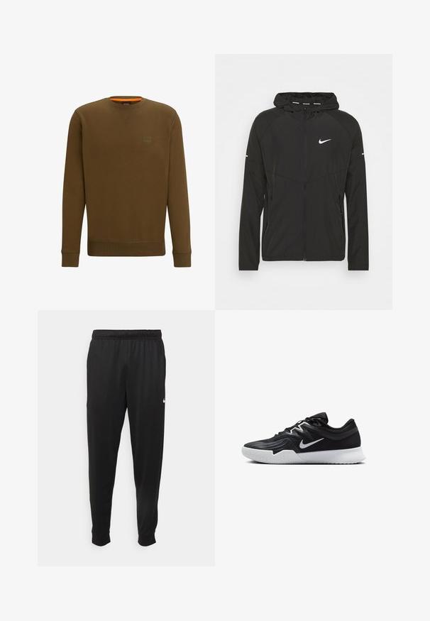 Casaco de corrida Nike preto com fecho éclair na frente, capuz e mangas longas. Apresenta um logótipo branco no peito e riscas nas mangas.; Sweatshirt castanho com decote redondo, punhos e bainha canelados. Patch com logo no lado esquerdo do peito e detalhe laranja no interior do decote. Textura de tecido suave.; Calças de desporto pretas feitas de tecido suave, com uma cintura elástica, pernas ajustadas e um pequeno logo branco no lado esquerdo.; Sapatilha atlética preta com um cabedal texturizado, swoosh branco da Nike e uma sola de borracha branca. Apresenta um design com atacadores e uma forma dinâmica.