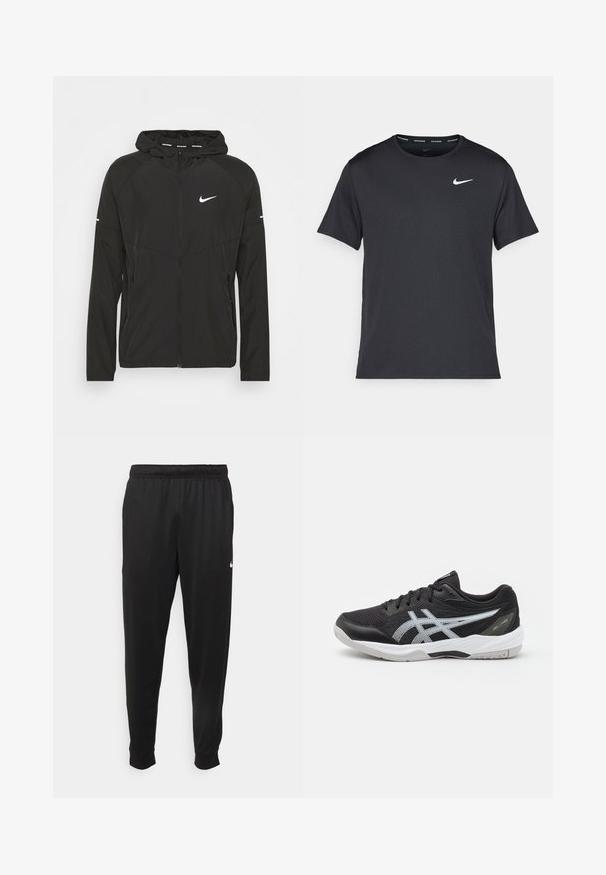 Black Nike running jacket with a zippered front, hood, and long sleeves. Features a white logo on the chest and stripes on the sleeves.; Black Nike running T-shirt made of lightweight, breathable material, featuring short sleeves and a small white logo on the chest.; Black athletic pants made of smooth fabric, featuring an elastic waistband, tapered legs, and a small white logo on the left side.; Black athletic shoe with a mesh upper, reflective silver logo, rubber sole, and white accents. Features a cushioned collar and durable design.
