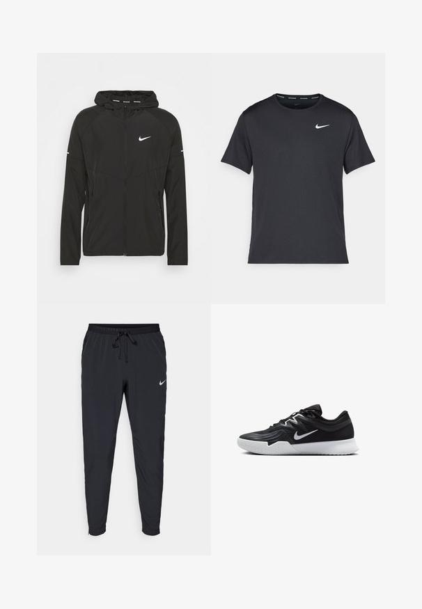 Schwarze Nike Laufjacke mit Reißverschluss vorne, Kapuze und langen Ärmeln. Verfügt über ein weißes Logo auf der Brust und Streifen an den Ärmeln.; Schwarzes Nike Lauft-Shirt aus leichtem, atmungsaktivem Material, mit kurzen Ärmeln und einem kleinen weißen Logo auf der Brust.; Schwarze Nike-Laufhose mit einem Kordelzugbund, schmal zulaufenden Beinen und einem kleinen silbernen Logo am linken Oberschenkel. Glattes, leichtes Material.; Schwarzer Sportschuh mit strukturiertem Obermaterial, weißem Nike-Warenzeichen und einer weißen Gummisohle. Verfügt über ein Schnürdesign und eine dynamische Form.