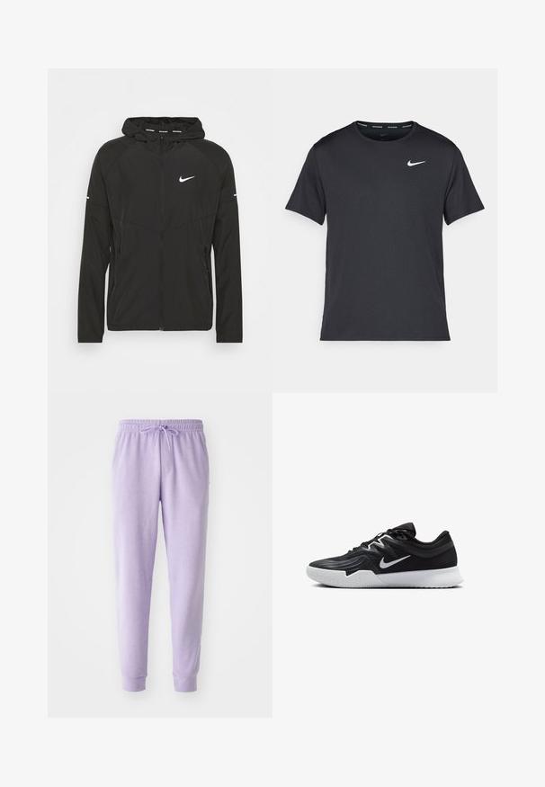 Melnā Nike skriešanas jakā ar rāvējslēdzēju priekšpusē, ar kapuci un garām piedurknēm. Uz krūšu zonas ir balts logo un uz piedurknēm ir svītras.; Melna Nike skriešanas T-kreklā, kas izgatavots no viegla un elpojoša materiāla, ar īsām piedurknēm un mazu baltu logo uz krūtīm.; Lavenda bikses ar elastīgu jostu un regulējamu auklu. Iezīmes sašaurināts dizains un ribotas piedurknes. Mīksta auduma tekstūra.; Melni sporta apavi ar teksturētu virsu, balto Nike zulumu un balto gumijas zoli. Iezīmējas ar auklu pievilkšanas dizainu un dinamisku formu.