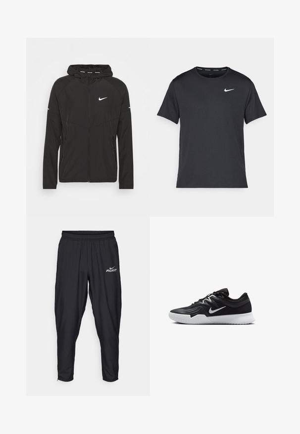 Jachetă de alergare Nike neagră, cu fermoar în față, glugă și mâneci lungi. Prezintă un logo alb pe piept și dungi pe mâneci.; Tricou de alergare Nike negru, fabricat dintr-un material ușor și respirabil, cu mâneci scurte și un mic logo alb pe piept.; Pantaloni atletici negri cu talie elastică, design conic, buzunare laterale și un logo Nike reflectorizant în față.; Pantof sport negru cu un superior texturat, swoosh alb Nike și o tălpică din cauciuc alb. Dispune de un design cu șireturi și o formă dinamică.