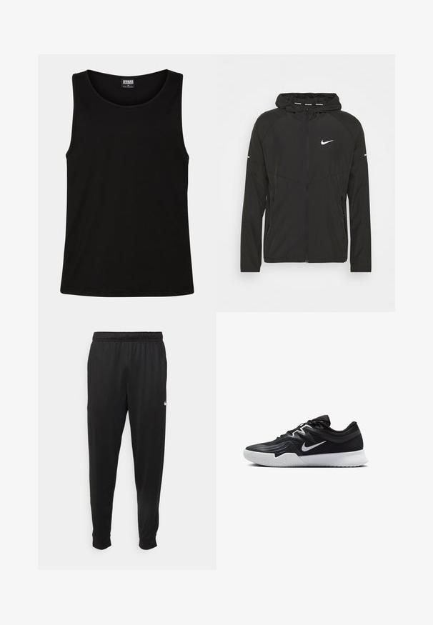 Fekete Nike futódzseki cipzáros elülső résszel, kapucnival és hosszú ujjakkal. Jellemzője a fehér logó a mellkason és csíkok az ujjakon.; Fekete ujjatlan felső puha pamut anyagból. Kerek nyakkivágással és széles karöltőkkel rendelkezik, látható minták vagy díszítések nélkül.; Fekete sportos nadrág sima anyagból, rugalmas derékkal, szűkülő lábakkal és egy kis fehér logóval a bal oldalon.; Fekete sportcipő texturált felsőrésszel, fehér Nike logóval és fehér gumitalppal. Fűzős kialakítással és dinamikus formával rendelkezik.