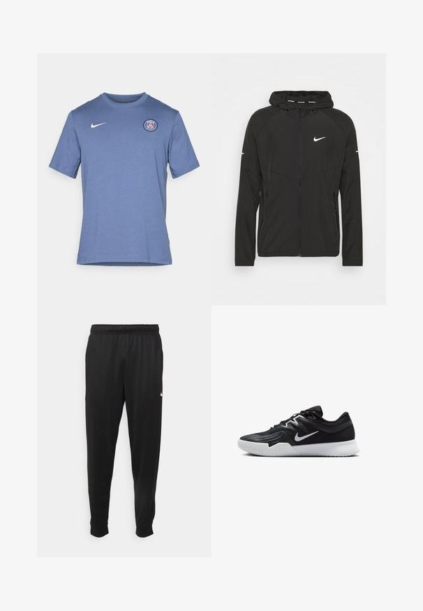 Czarna dresowa kurtka Nike do biegania z zamkiem z przodu, kapturem i długimi rękawami. Posiada białe logo na klatce piersiowej oraz paski na rękawach.; Niebieska koszulka z krótkim rękawem wykonana z mieszanki bawełny. Zawiera białe logo Nike oraz okrągłe logo Paryża na lewym piersi. Miękka tekstura.; Czarne sportowe spodnie wykonane z gładkiego materiału, z elastycznym pasem, zwężanymi nogawkami i małym białym logo po lewej stronie.; Czarne buty sportowe z teksturowaną cholewką, białym logo Nike i białą gumową podeszwą. Charakteryzują się sznurowanym zapięciem i dynamicznym kształtem.
