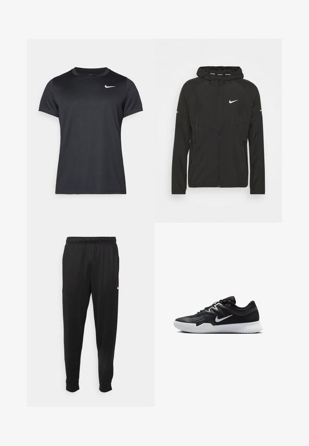 Melnā Nike skriešanas jakā ar rāvējslēdzēju priekšpusē, ar kapuci un garām piedurknēm. Uz krūšu zonas ir balts logo un uz piedurknēm ir svītras.; Melnā Nike sporta t-krekls ar īsām piedurknēm, apaļu kaklu, gludu tekstūru un baltu logo augšējā kreisajā stūrī.; Melnas sporta bikses, kas izgatavotas no gludas auduma, ar elastīgu jostu, sašaurinošām kājām un mazu balto logo kreisajā pusē.; Melni sporta apavi ar teksturētu virsu, balto Nike zulumu un balto gumijas zoli. Iezīmējas ar auklu pievilkšanas dizainu un dinamisku formu.