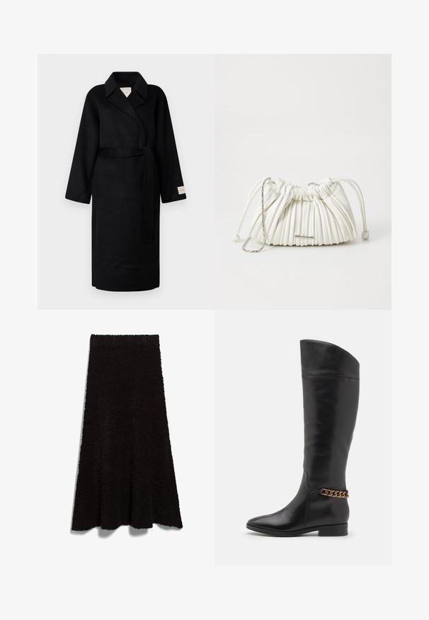 Sort indpakningsfrakke lavet af blødt stof, med en notched krave, brede ærmer og et matchende bælte. Etiket på venstre ærme med logo.; Grå strikket T-shirt med korte ærmer, rund halsudskæring og en glat tekstur. Har minimal branding nær kanten. Simpelt, klassisk design.; Sort, fluffy stofskørt med A-linieform og rå kant. Teksturen ser blød og hyggelig ud, velegnet til afslappet brug eller lagdeling.; Høje sorte læderstøvler med et slankt design, spids tå og en guld kædeaccent ved anklen. Lav blokhæl. Glat overflade.; Hvid plisseret håndtaske lavet af blødt materiale. Har snøre lukning, flettede håndtag og en sølvfarvet hardware detalje.