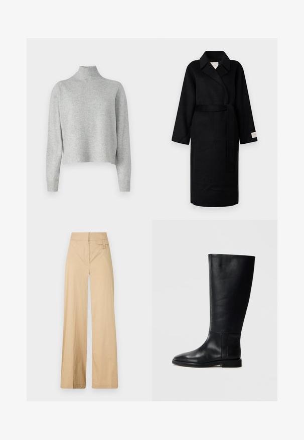 Manteau noir en tissu doux, doté d'un col à revers, de larges manches et d'une ceinture assortie. Étiquette sur la manche gauche avec le logo.; Pull à col roulé gris clair en tricot doux, avec des manches longues et un ourlet et des poignets côtelés. Pas de motifs ni de détails en matériel.; Pantalons larges beige en coton mélangé. Caractéristiques : texture lisse, taille élastique et détail à bouton sur le côté.; Botte en cuir noir, montant jusqu'au genou, avec un bout arrondi, texture lisse, design minimaliste et semelle plate. Détails de couture simples sur la tige.