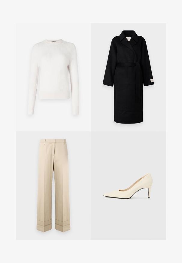 Manteau noir en tissu doux, doté d'un col à revers, de larges manches et d'une ceinture assortie. Étiquette sur la manche gauche avec le logo.; Pull en tricot côtelé de couleur crème clair, avec des manches longues et un col rond. Texture douce et design ajusté avec des poignets et un ourlet contrastants.; Pantalons beige avec une coupe droite, dotés d'un double revers au bas et d'un design à plat à l'avant. Fabriqués en tissu lisse et durable.; Escarpin blanc en cuir avec un bout pointu, texture lisse et semelle noire. Design classique avec une hauteur de talon modérée.