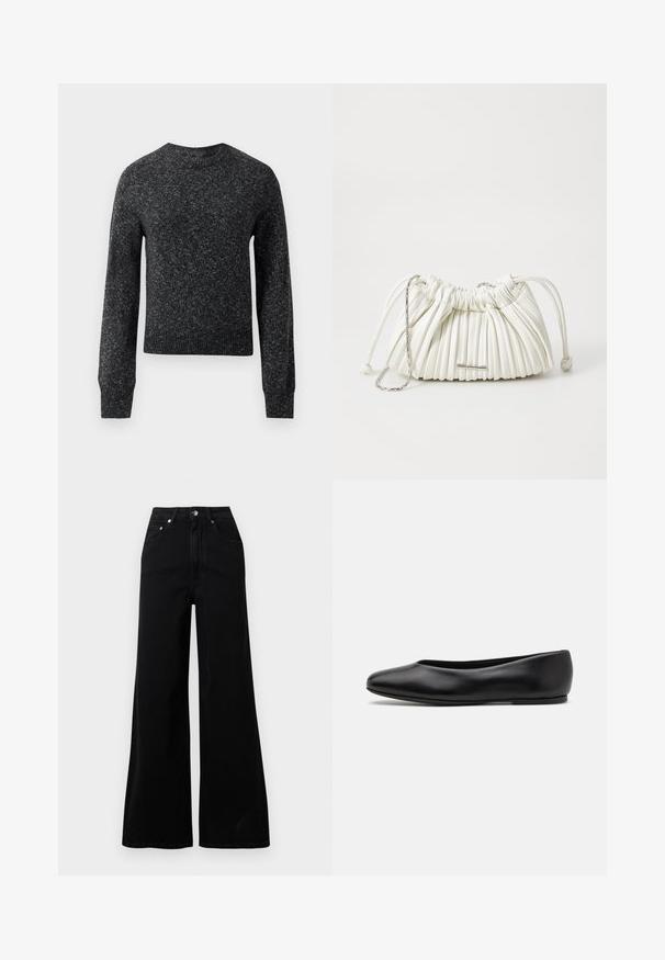Zwarte wikkeljas van zachte stof, met een notch-kraag, brede mouwen en een bijpassende strikceintuur. Label op de linkermouw met logo.; Donkergrijze gemêleerde gebreide trui met lange mouwen, geribde manchetten, onderrand en ronde hals, weergegeven op een witte achtergrond.; Zwarte jeans met wijde pijpen van denim, voorzien van een hoge taille, vijf zakken, een knoopsluiting aan de voorkant en minimale stikseldetails.; Paul Smith TOPANGA - Ballerina's - black; Witte geplooide handtas gemaakt van zacht materiaal. Voorzien van een trekkoordsluiting, gevlochten handvatten en een accent van zilverkleurig hardware.