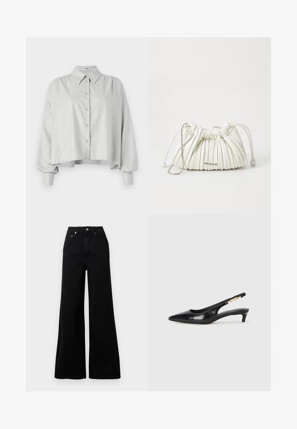 Zwarte wikkeljas van zachte stof, met een notch-kraag, brede mouwen en een bijpassende strikceintuur. Label op de linkermouw met logo.; DRYKORN FLANNA - Overhemdblouse - brown; Zwarte jeans met wijde pijpen van denim, voorzien van een hoge taille, vijf zakken, een knoopsluiting aan de voorkant en minimale stikseldetails.; Zwarte leren slingback hakken met een spitse neus, voorzien van een slanke hak en een goudkleurige accent op de verstelbare band. Gladde textuur.; Witte geplooide handtas gemaakt van zacht materiaal. Voorzien van een trekkoordsluiting, gevlochten handvatten en een accent van zilverkleurig hardware.