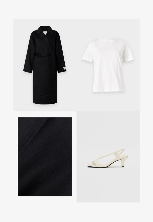 Sort indpakningsfrakke lavet af blødt stof, med en notched krave, brede ærmer og et matchende bælte. Etiket på venstre ærme med logo.; Hvid bomulds t-shirt med korte ærmer, rund halsudskæring og en afslappet pasform. Glat tekstur, ingen mønstre eller accenter, minimalistisk design.; Sort stof med en glat tekstur, der har subtile variationer i glans og en let stræk, ideelt til tøj eller polstring.; Beige blokhælede sandaler med tynde remme og en firkantet tå. Glat materiale med minimal detaljering, designet til nem brug.