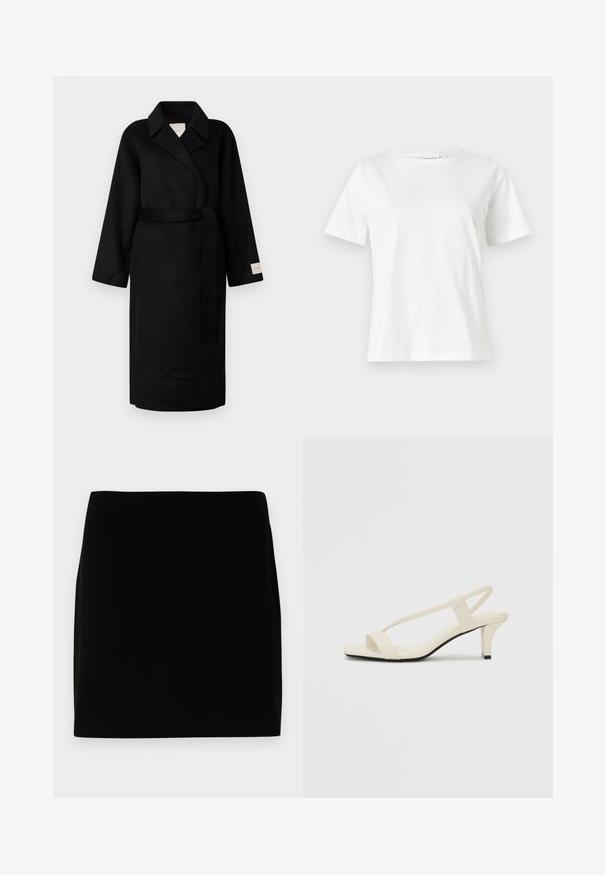 Juodas apklotinis paltas, pagamintas iš minkštos medžiagos, su notch tipo apykakle, plačiomis rankovėmis ir derančiu diržu. Etiketė kairėje rankovėje su logotipu.; Balta medvilninė marškinėliai trumpomis rankovėmis, su apvalia iškirpte ir laisvu siluetu. Lygi tekstūra, be raštų ar akcentų, minimalistinis dizainas.; Juodas mini sijonas, pagamintas iš lygaus audinio, su paprastu dizainu, be matomų siūlų ar puošmenų. Švarios linijos ir tiesus siluetas.; Kreminės blokų kulno šlepetės su plonomis dirželiais ir kvadratiniu pirštu. Lygus medžiaga su minimaliais akcentais, sukurtos lengvam dėvėjimui.