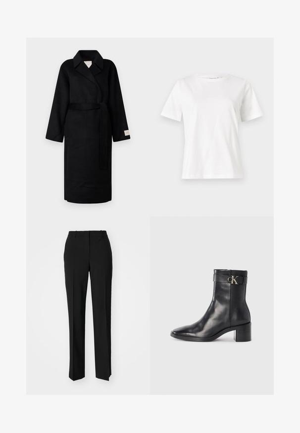 Abrigo negro de tela suave, con cuello de muesca, mangas anchas y cinturón de lazo a juego. Etiqueta en la manga izquierda con el logo.; Camiseta de algodón blanca de manga corta, con cuello redondo y un corte relajado. Textura suave, sin patrones ni acentos, diseño minimalista.; Pantalones negros ajustados con un diseño de pierna recta, que presentan una textura suave y pliegues nítidos en el frente. Sin herrajes visibles.; Bota de tobillo de cuero negra con punta afilada, tacón cuadrado y una correa con un detalle de logo metálico. Textura suave y diseño minimalista.