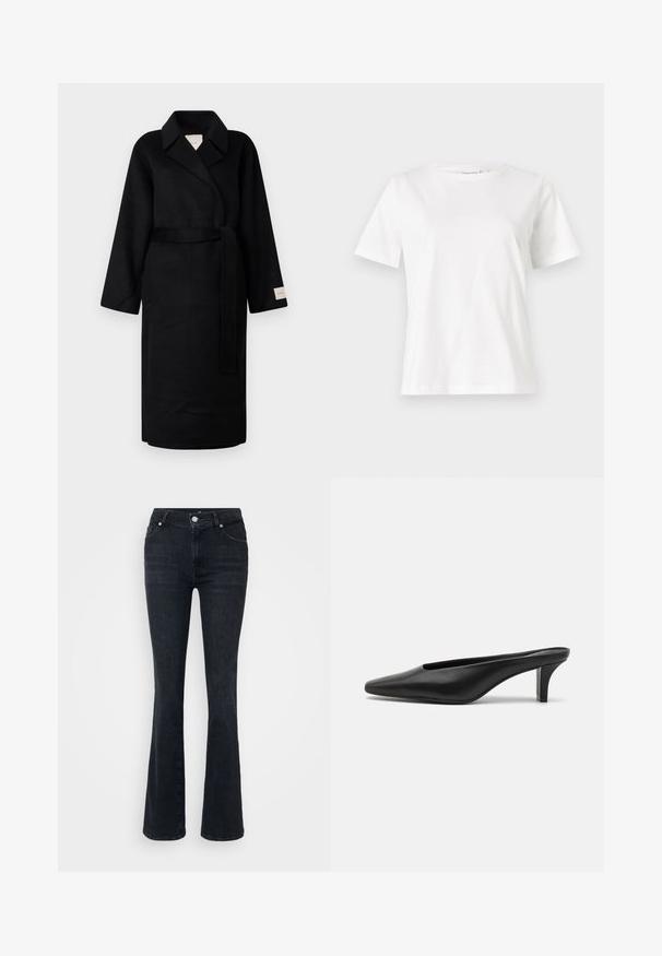 Cappotto avvolgente nero in tessuto morbido, caratterizzato da un colletto a risvolto, maniche ampie e una cintura in coordinato. Etichetta sulla manica sinistra con logo.; T-shirt bianca in cotone con maniche corte, scollatura rotonda e vestibilità rilassata. Struttura liscia, senza motivi né accenti, design minimalista.; Jeans neri a campana realizzati in denim, con vita alta, design a cinque tasche e chiusura con bottone in metallo. Texture liscia, con una leggera scoloritura.; Mule in pelle nera con punta appuntita e tacco stiletto basso. Texture liscia, design minimalista e schienale aperto per una facile indossabilità.
