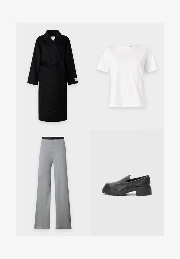Schwarzer Wickelmantel aus weichem Stoff, mit Reverskragen, weiten Ärmeln und einem passenden Krawattengürtel. Etikett am linken Ärmel mit Logo.; Weißes Baumwoll-T-Shirt mit kurzen Ärmeln, Rundhalsausschnitt und lockerer Passform. Glatte Textur, keine Muster oder Akzente, minimalistisches Design.; Schwarz-weiße gestreifte Schlaghosen mit einem glatten elastischen Bund. Leichter Stoff mit durchgehendem horizontalem Muster.; Schwarze Lederloafer mit einer abgerundeten Spitze, dicker strukturierten Laufsohle und minimalen Nähten. Schlankes Design ohne sichtbare Schnürsenkel oder Beschläge.