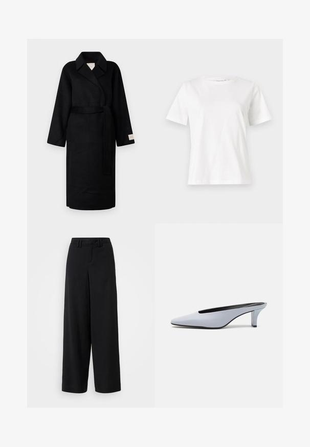 Črn plašč s krojem iz mehkega blaga, z izrezanim ovratnikom, širokimi rokavi in usklajeno vezno vrvico. Oznaka na levem rokavu z logotipom.; Bela bombažna majica s kratkimi rokavi, okroglo izrezana in ohlapnega kroja. Gladka tekstura, brez vzorcev ali dodatkov, minimalističen dizajn.; Črne široke hlače iz gladkega materiala, ki vsebujejo ravno sprednjo zasnovo, nabrane detajle in zanke za pas pri pasu.; Svetlo modre lakirane mule s poudarjenim nosom, nizkim prozornim petam in elegantnim dizajnom z izrezom na sprednjem delu.