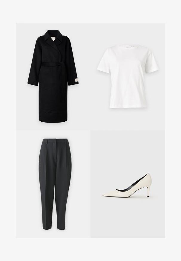Črn plašč s krojem iz mehkega blaga, z izrezanim ovratnikom, širokimi rokavi in usklajeno vezno vrvico. Oznaka na levem rokavu z logotipom.; Bela bombažna majica s kratkimi rokavi, okroglo izrezana in ohlapnega kroja. Gladka tekstura, brez vzorcev ali dodatkov, minimalističen dizajn.; Črne krojene hlače z visokim pasom, naborki in ožjim nogama. Gladek material brez vidnih vzorcev ali okrasnih elementov.; Bela lakirana visoka peta s uskim nosom, tankom petom in črnim notranjim detajlom. Gladka tekstura in eleganten dizajn.