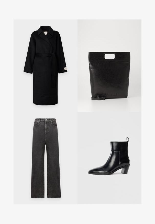 Casaco preto envolvente feito de tecido macio, com colarinho em bico, mangas largas e um cinto combinando. Etiqueta na manga esquerda com o logótipo.; T-shirt de algodão branco com mangas curtas, decote redondo e um corte descontraído. Textura suave, sem padrões ou detalhes, design minimalista.; Calças de ganga largas pretas com uma cintura alta, apresentando bolsos laterais, fecho com botão e uma textura ligeiramente desbotada.; Botim de cano baixo em couro preto com bico pontiagudo, um salto geométrico empilhado e uma alça na parte de trás. Textura suave e design elegante.; Saco tote de couro preto com uma pega quadrada, apresentando um acabamento texturizado e logotipo em relevo. Inclui uma alça destacável.