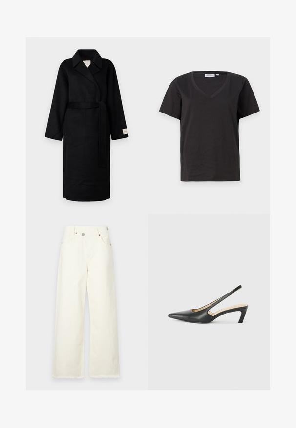 Juodas apklotinis paltas, pagamintas iš minkštos medžiagos, su notch tipo apykakle, plačiomis rankovėmis ir derančiu diržu. Etiketė kairėje rankovėje su logotipu.; Juodas medvilninis marškinėlis su V formos iškirpte ir trumpomis rankovėmis. Paprastas dizainas, reguliaraus kirpimo, be raštų ar akcentų.; Plačios šviesiai kremiškos džinsinės kelnės, pagamintos iš denimo, su aukštu liemeniu, penkiomis kišenėmis ir neapdirbtu kraštu, užtikrinančiu laisvą prigludimą.; Juodas smailus slingback batelis su žemu kulnu, pagamintas iš lygaus odos paviršiaus ir su išpjovomis šone, užtikrinančiomis oro pralaidumą.
