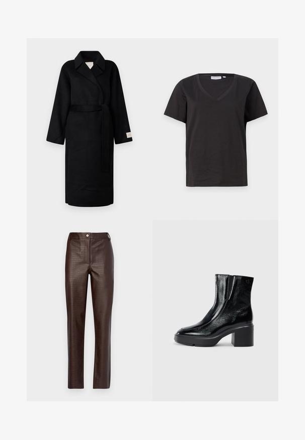 Črn plašč s krojem iz mehkega blaga, z izrezanim ovratnikom, širokimi rokavi in usklajeno vezno vrvico. Oznaka na levem rokavu z logotipom.; Črna bombažna majica s kratkimi rokavi in V-izrezom. Preprost dizajn z običajnim krojem in brez vzorcev ali dodatkov.; Rjave hlače iz umetnega usnja s krokodilskim vzorcem. Imajo oprijet kroj, sprednje zaklepanje na gumb in ravne nogavice.; Črne lakirane gležnjarje z ukrivljenim nosom, elastičnimi stranskimi paneli in debelim blokastim peto. Imajo vtisnjen logotip na zadnjem delu.