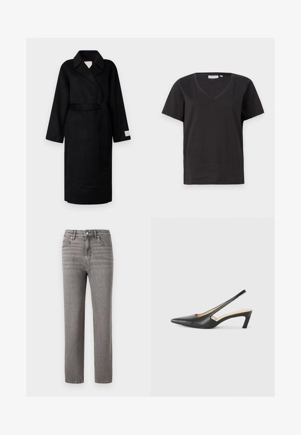 Abrigo negro de tela suave, con cuello de muesca, mangas anchas y cinturón de lazo a juego. Etiqueta en la manga izquierda con el logo.; Camisa de algodón negra con cuello en V y mangas cortas. Diseño simple con un corte regular y sin patrones ni acentos.; Vaqueros de denim gris con un diseño de corte recto, cintura de altura media, cinco bolsillos y sutiles detalles de costura vertical. Textura suave y ligera.; Zapato negro de punta afilada tipo slingback con un tacón bajo, que presenta un material de cuero suave y un diseño recortado en el lateral para mayor transpirabilidad.