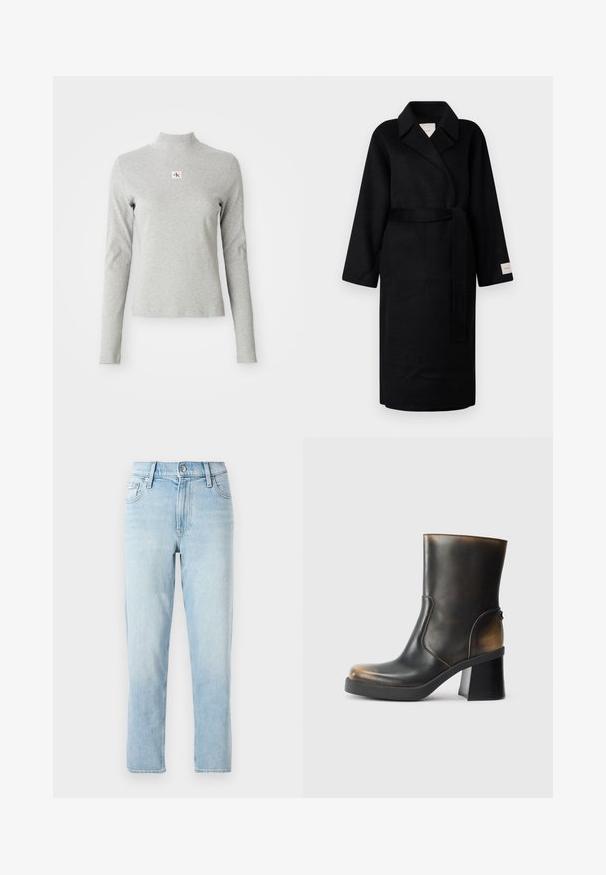 Casaco preto envolvente feito de tecido macio, com colarinho em bico, mangas largas e um cinto combinando. Etiqueta na manga esquerda com o logótipo.; Top de gola alta cinza de mangas longas em tecido suave, com uma textura canelada e um pequeno logótipo CK dentro de um quadrado branco no peito.; Roupas de ganga de cor azul claro, design de perna reta, cintura média, com estilo de cinco bolsos e fecho de botão na frente.; Bota de tornozelo em couro preto com acabamento brilhante, bico arredondado, detalhes em tom contrastante de castanho, salto quadrado e detalhe de fecho lateral.