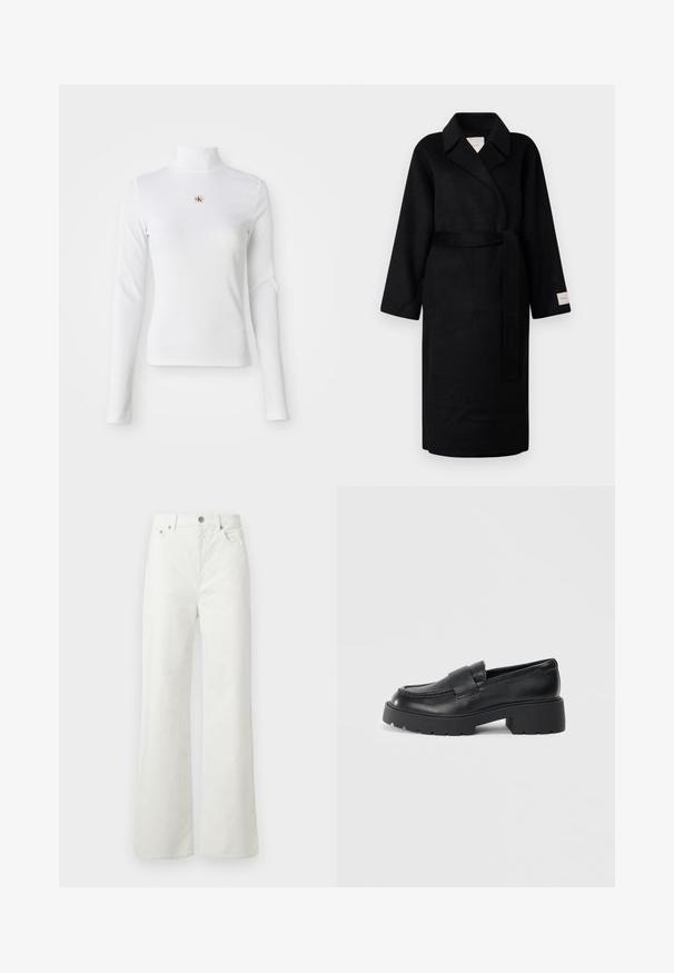 Casaco preto envolvente feito de tecido macio, com colarinho em bico, mangas largas e um cinto combinando. Etiqueta na manga esquerda com o logótipo.; Camisa de gola alta, de mangas longas, branca, feita de material canelado. Apresenta um pequeno logótipo bordado ao centro. Design ajustado sem padrões.; Samsøe Samsøe SHELLY - Calças de ganga de corte relaxado - clear cream; Mocassins de couro preto com um acabamento texturizado, apresentando uma faixa retangular na parte superior e um design de sola robusta e dentada.