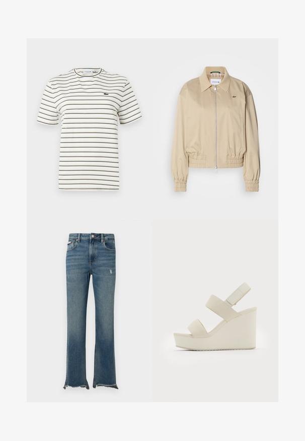 Beige cropped jacket made of lightweight fabric, featuring a full zipper, elasticated cuffs, and a subtle logo on the chest.; Striped t-shirt in white with thin olive green lines. Features a crew neck, short sleeves, and a small Lacoste logo on the chest.; Blue denim jeans with slight distressing, raw frayed hems, front pockets, belt loops, and a button closure.; Beige wedge sandals with two wide straps and a tapered heel. Made of smooth fabric with a textured sole. Logo embossed on the heel.