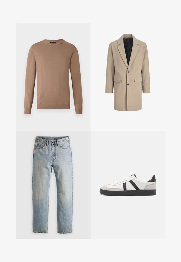 Bežs mētelis ar izgriezumu, vienu pogu un divām priekšējām kabatām. Izstrādāts no teksturētas auduma ar gludu iekšējo oderi.; Gaišbrūns garām piedurknēm džemperis ar apaļu dekoltē, izgatavots no mīkstas, strukturētas auduma. Iespējamas ribotas piedurknes un apakšējā mala, kā arī neliela logo detaļa.; Gai zila denima bikses ar augstu jostasvietu, priekšējo pogu, rāvējslēdzēju un piecu kabatu dizainu, izlīdzinātas uz neitrāla fona.; Baltas sneakeris ar melniem un pelēkiem akcentiem, kuram ir teksturēts pelēks purngals, melna gumijas zole un plakanas baltas šņores. Tīrs dizains, minimālisma stils.