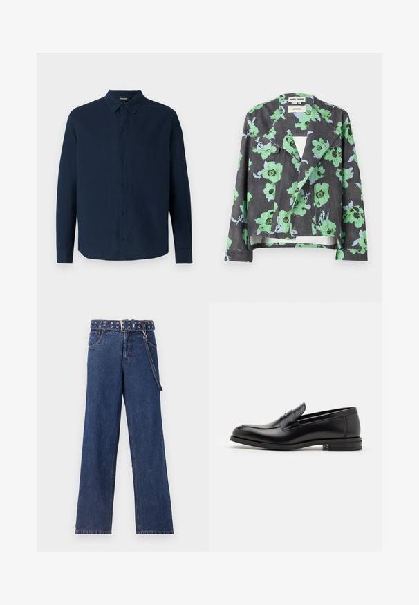Kwiatowa kurtka z czarnym tłem, dużymi zielono-niebieskimi kwiatami, kołnierzem z klapami i kieszeniami z przodu. Wykonana z teksturowanej tkaniny.; Ron Dorff - Koszula; Czarna bawełniana koszulka z krótkim rękawem, z niebieskim napisem "CHROŃ SWOJĄ ENERGIĘ" oraz grafiką na górnej lewej stronie.; Granatowe dżinsy o prostym kroju, z wzorzystym paskiem z metalowymi oczkami i dopasowaną pętlą na pasek.; Czarne skórzane mokasyny o gładkiej fakturze, zaokrąglonym nosku i dekoracyjnym pasku na przodzie. Niski, warstwowy obcas, minimalistyczny design.