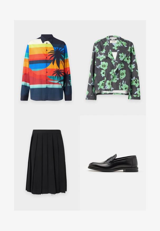 Jachetă florală cu un fundal negru, flori mari verzi și albastre, guler cu rever și buzunare frontale. Fabricată dintr-un material texturat.; Cămașă colorată cu nasturi, decorată cu dungi orizontale în nuanțe de albastru, portocaliu și verde, cu grafice negre de palmier și un guler închis.; Tricou negru din bumbac cu mâneci scurte, având text albastru "PROTEJEAZĂ-ȚI ENERGIA" și un design grafic în partea superioară stângă.; Dhruv Kapoor Fustă plisată - black; Mocasini din piele neagră cu o textură netedă, vârf rotund și o curea decorativă peste partea superioară. Toc mic, design minimalist.