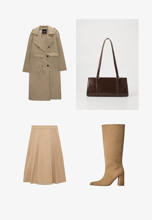 Beige trench coat med dubbelknäppt front, stor krage, sidofickor och bälte. Tyget verkar vara slätt och vattenavvisande.; Vit kabelstickad ulltröja med långa ärmar och ribbade muddars och nederkant, rundhalsad, som visas mot en vit bakgrund.; En beige A-linjeformad kjol med en slät textur, med veck som ger fyllighet och en midja för justerbarhet. Rakt fåll längs botten.; Tan mockasins knähöga stövlar med blockklack, med spetsig tå och slät textur. Minimalistisk design utan utsmyckningar.; Brun blankläderväska med rektangulär form, två långa handtag och subtila böjda accenter på framsidan.