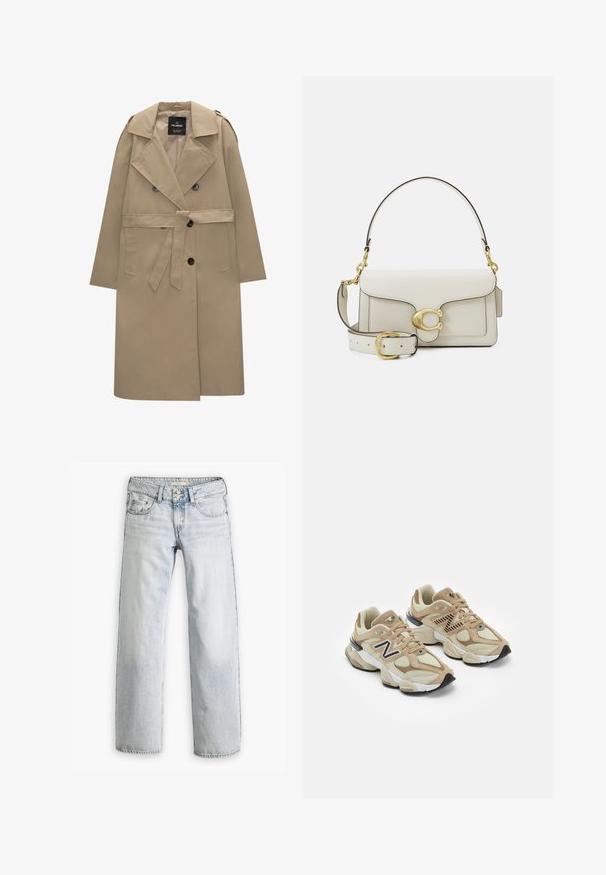 Bež plašč s dvojno zaponko spredaj, velikim ovratnikom, stranskimi žepi in pasom za vezanje. Tkanina se zdi gladka in vodoodporna.; Bela srajca s pokončnim ovratnikom, dolgimi rokavi in malim modrim logotipom na levi prsni strani. Izdelana iz bombažnega materiala.; Svetlo modri jeans iz denima z udobnim krojem, visokim pasom in obliko s petimi žepi. Imajo dodatke v obliki šivov in zapiranje na gumbe.; Bež teniske z mrežastim in semiš materialom. Imajo črn logo in teksturirane detajle. Debela bela srednja podloga in črn gumijast podplat.; Bela usnjena torbica z zlatim zapiranjem, črnimi poudarki, z možnostjo snemljivega naramnega pasu in strukturirano zasnovo s poklopcem.