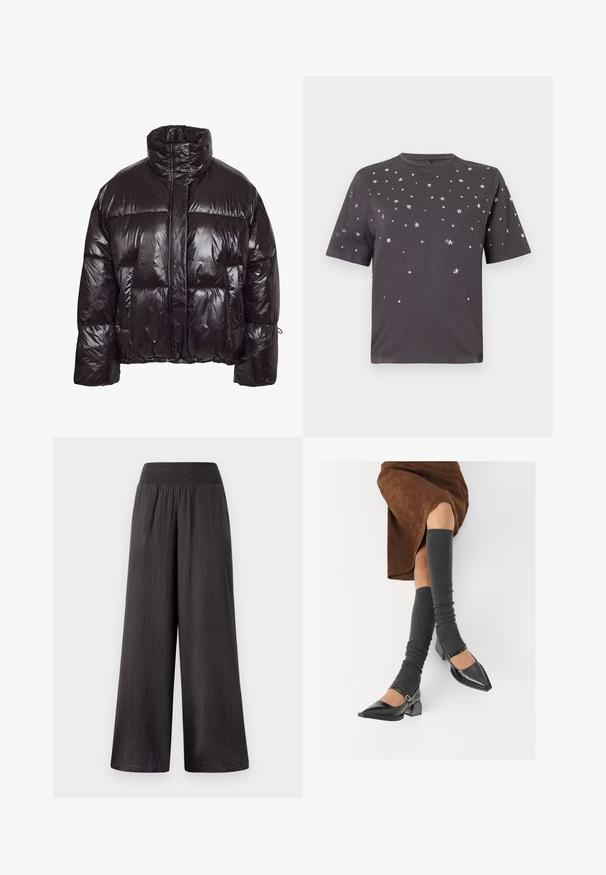 Fényes fekete anyagból készült pufi dzseki magas gallérral, nagy foltzsebekkel és megkötős szegéllyel a szabott illeszkedésért.; Sötét szürke, rövid ujjú póló, amelyen a mellrészen és az ujjakon kis ezüst csillagok és pöttyök szórt díszítés található.; Fekete, bő szárú nadrág, smockolt derékkal, könnyű textúrájú anyagból készülve, lazán illeszkedő és teljes hosszúságú kivitelben.; Fekete lakk bőrből készült, hegyes orrú cipők, tömbsarkúakkal és bokapánttal, szürke bordás lábszármelegítőkkel és barna velúr szoknyával párosítva.