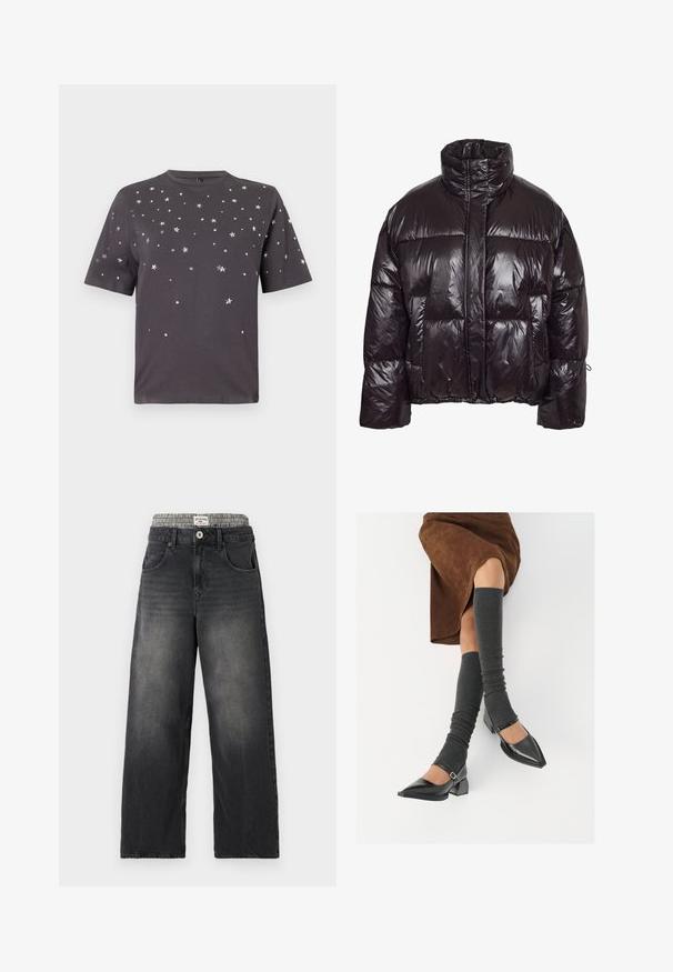 Puffer jacket in glossy black material with a high collar, featuring large patch pockets and a cinched hem for a structured fit.; Dark gray short-sleeve t-shirt with scattered small silver star and dot embellishments across front and sleeves.; Black denim wide-leg jeans with a houndstooth patterned waistband. Features include front pockets and a button closure. Distressed texture.; Black patent leather pointed-toe shoes with a block heel and ankle strap, paired with gray ribbed leg warmers and a brown suede skirt.
