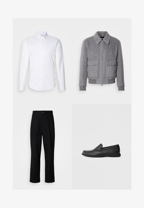 Grau karierter Jackett mit Kragen, Frontreißverschluss und zwei Klappentaschen. Verfügt über gerippte Bündchen und Saum für eine optimale Passform.; Weißes Langarm-Hemd mit Knopfverschluss aus glattem Baumwollstoff, mit klassischem Kragen und abgerundetem Saum.; Schwarze gerade geschnittene Hosen mit einem Knopfverschluss, Gürtelschlaufen und Vorderfalten, vor einem schlichten weißen Hintergrund präsentiert.; Schwarze Leder Slipper mit strukturiertem Obermaterial, runder Zehenform, niedrigem Absatz und Gummisohle, seitlich auf weißem Hintergrund abgebildet.