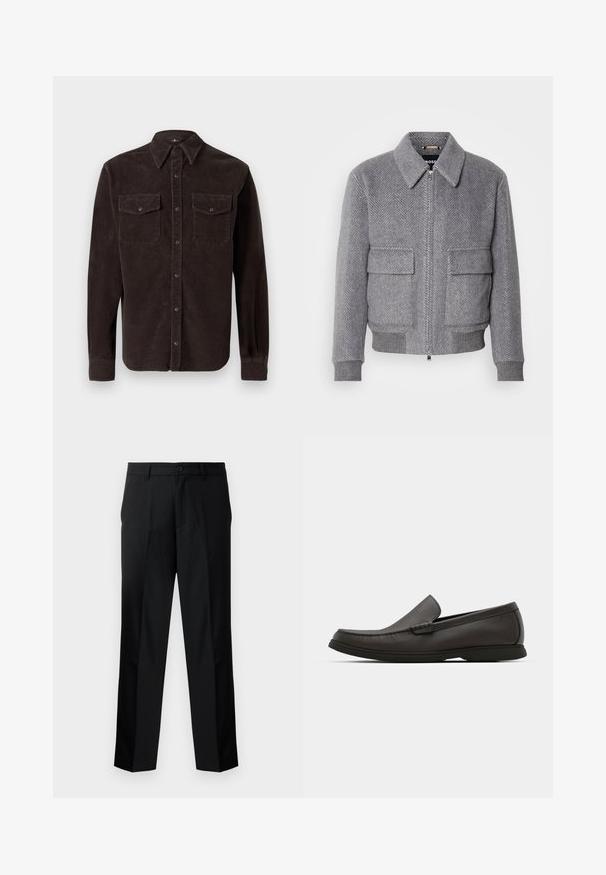 Grau karierter Jackett mit Kragen, Frontreißverschluss und zwei Klappentaschen. Verfügt über gerippte Bündchen und Saum für eine optimale Passform.; Braune Cord-Hemd mit klassischem Kragen, langen Ärmeln, zwei Brusttaschen mit Knopfverschluss und strukturiertem Stoff.; Schwarze, maßgeschneiderte Hosen mit geradem Schnitt, ausgestattet mit einem Knopfverschluss, Reißverschluss und Gürtelschlaufen. Glatter Stoff mit seitlichen Taschen.; Dunkelbraune Lederloafer mit einer runden Zehenpartie, dezenten Nähdetails und einer niedrigen Gummisohle. Glatte Textur mit flexibler Passform.