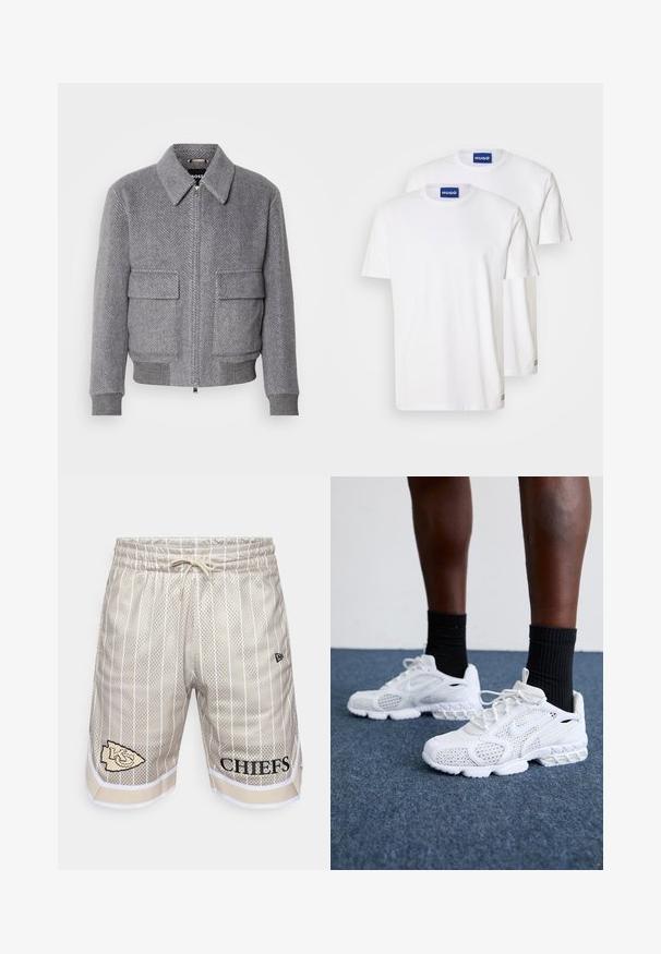 Pelēks jaku ar ķīļveida rakstu, ar apkakli, priekšējo rāvējslēdzēju un divām kabatām ar atloku. Iezīmē ribota aproces un apakšmalas, lai nodrošinātu labu piegulšanu.; Baltas kokvilnas T-kreklos ar apaļu kakla izgriezumu un īsām piedurknēm, uz kuriem uzkrāsoti zili "HUGO" uzlīmes uz kakla un mazi akcenti uz apakšmalas.; Bēšā sieta šorti ar baltām vertikālām svītrām, elastīga josta, aukliņa un melns uzraksts "CHIEFS" un logo uz kreisā kājas.; Baltie sporta apavi ar sietiņu augšdaļu, rakstainiem akcentiem un mīkstu zoli. Apvienoti ar melniem ribotām potīšu zeķēm uz zilas paklāja virsmas.
