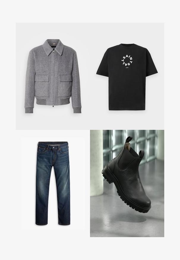 Hall hall värvikombinatsiooniga jope, millel on krae, esimesed lukud ja kaks klapiga taskut. Omab soonikuid cuffs ja alumise ääre jaoks parema istuvuse tagamiseks.; Must musta T-särk lühikeste varrukatega. Esiküljel on valged tähed ringikujuliselt paigutatuna, tekst "SAINT LAURENT LONDON."; Tumed sinised teksad kerge kulumisega reite piirkonnas, viie-tasku disain, nööp sulgemine ja nähtav oranž õmblus valgel taustal.; Mustadast nahast pahkluu saapad tekstuuriga pinnaga, elastsete külgpaneelide ja robustse kummist tallaga, millel on väljendunud sooned.