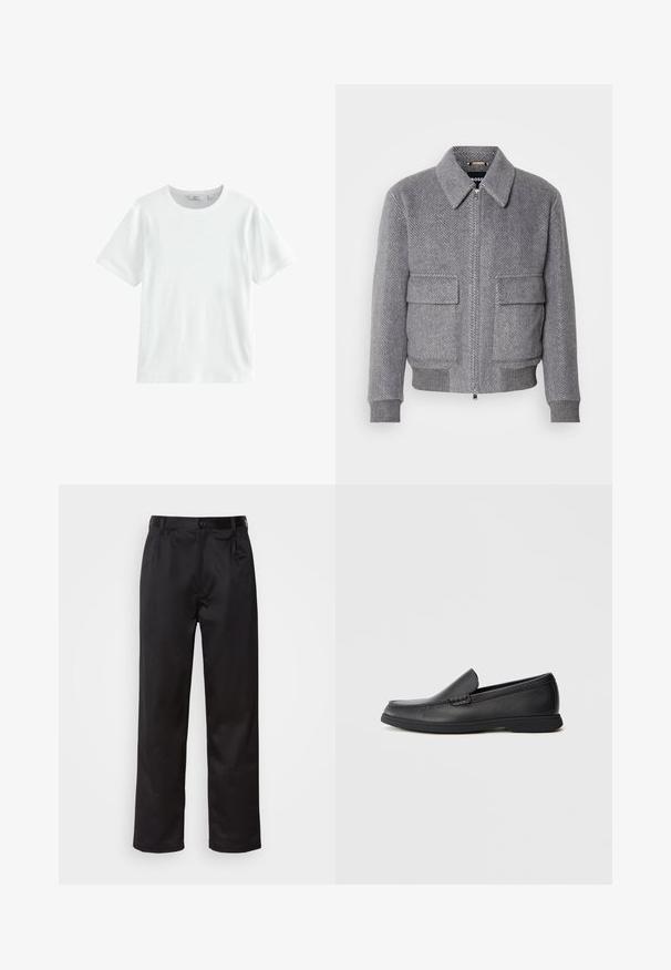 Pelēks jaku ar ķīļveida rakstu, ar apkakli, priekšējo rāvējslēdzēju un divām kabatām ar atloku. Iezīmē ribota aproces un apakšmalas, lai nodrošinātu labu piegulšanu.; Balts kokvilnas T-krekls ar īsām piedurknēm, apaļu kakla izgriezumu un ribotu tekstūru. Vienkāršs dizains, piemērots ikdienas valkāšanai. Nav redzamu rakstu vai akcentu.; Melnas bikses, kas izgatavotas no gludas auduma, ar priekšējo pogu aizdari, krokām un taisnām kājām. Nav redzamu rakstu vai akcentu.; Melnas ādas slip-on loafer ar teksturētu virsmu, noapaļota purngala, zemu papēdi un gumijas zoli, redzams sānskatā uz balta fona.