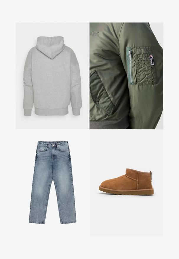Giacca bomber verde con una texture liscia e lucida, dotata di una tasca con zip sulla manica sinistra e una patch con logo ben visibile.; Felpa grigia con cappuccio aderente, maniche ampie e orlo a costine. Tessuto morbido e testurizzato senza motivi visibili o dettagli in metallo.; Jeans in denim azzurro chiaro con taglio a gamba dritta, cuciture visibili, design a cinque tasche e chiusura a bottoni in vita.; Stivaletto in camoscio color tan con punta rotonda, dettagli di cucitura discreti e suola in gomma texture. Altezza ridotta senza lacci.